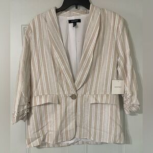 Ellen Tracy Linen Blend Striped Neutral 3/4 Sleeve Blazer Size Medium Coastal